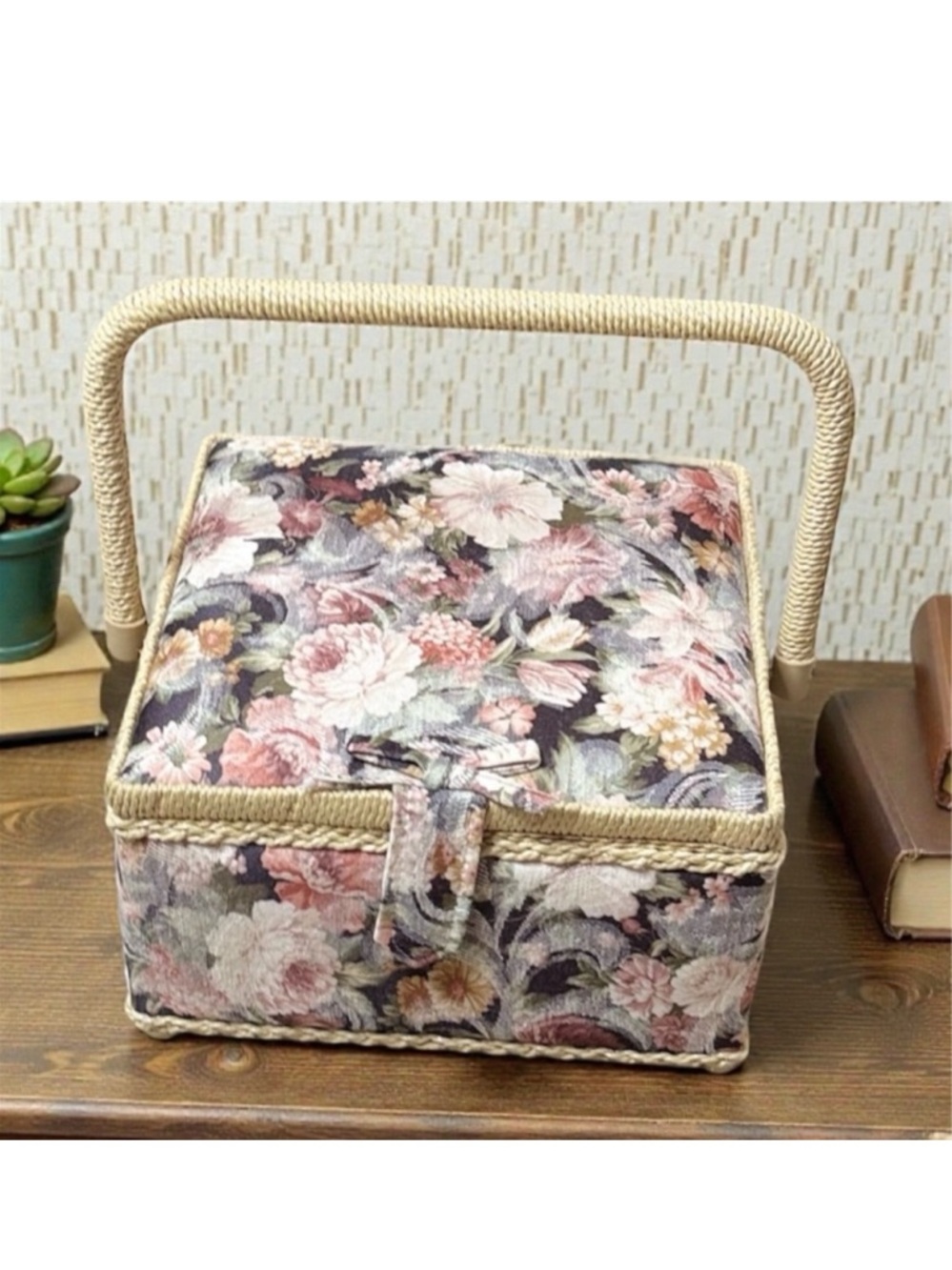 Vintage Floral Tapestry Sewing Box Basket Organizer with Wicker Trim & Handle